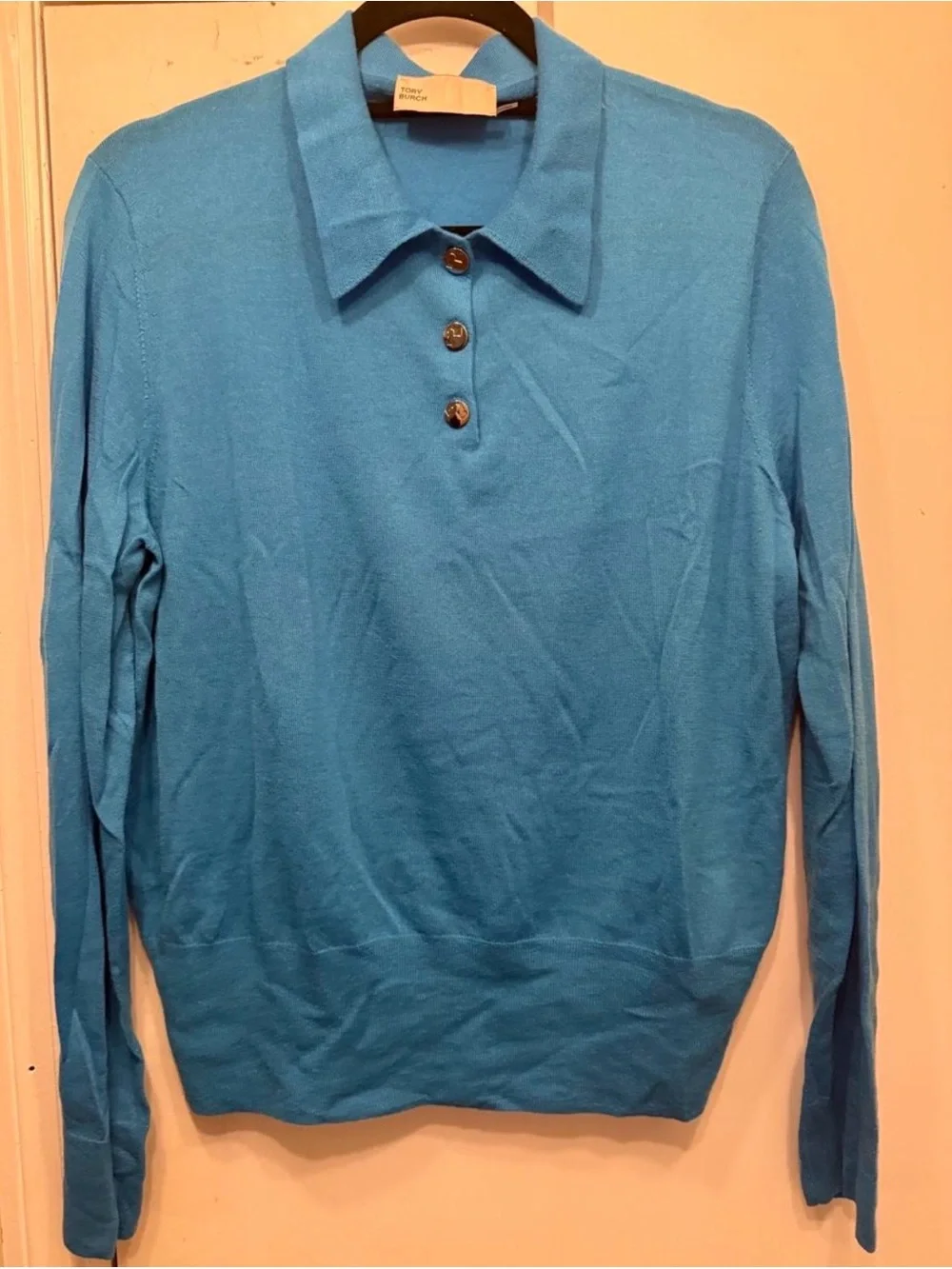 Tory Burch 100% cashmere Bright Blue Long-Sleeve Polo Knit Top